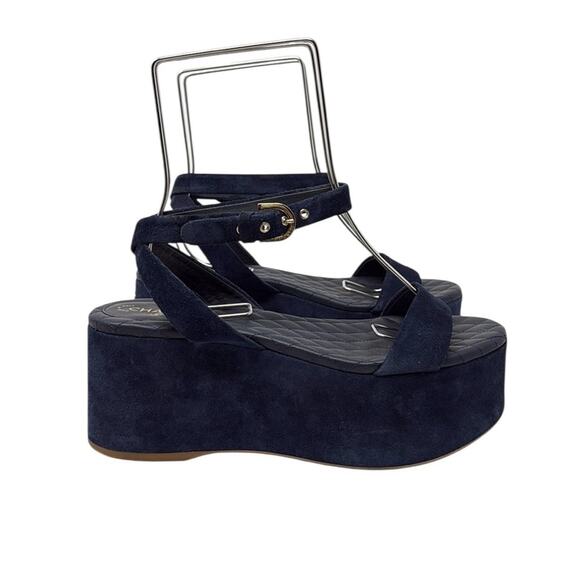 Chanel Suede Calfskin Platform Wedge Sandals Blue Size 39 - Picture 3 of 15